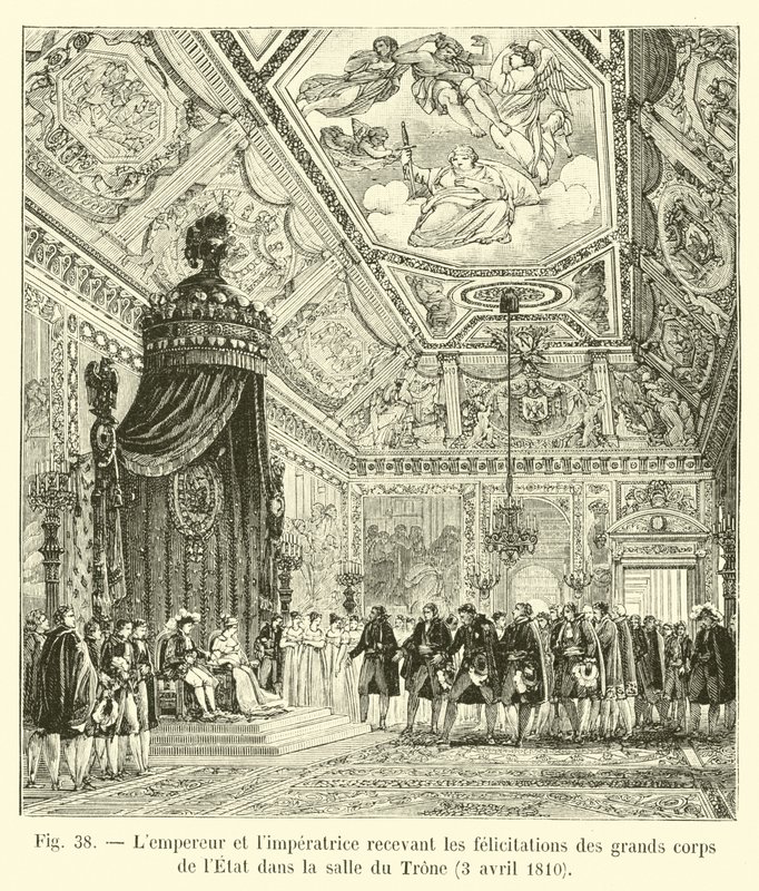 A császár és a császárné gratulációkat fogadott az Állami Nagy Hadtesttől a trónteremben, 1810. április 3. alkotó: French School