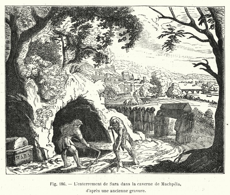 Sara temetése Makhpela barlangjában, egy régi metszet (metszet) után alkotó: French School