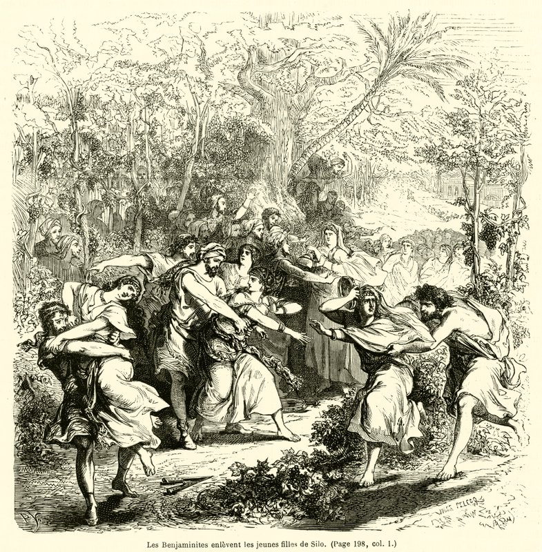 A benjáminiták elrabolják a silói lányokat (metszet) alkotó: French School