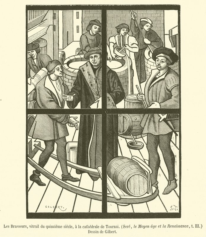 The Brewers, 15. századi ólomüveg ablak, Tournai székesegyházában (metszet) alkotó: French School