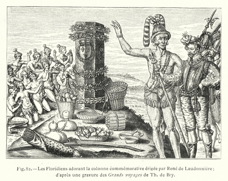 Floridiak imádják a Rene de Laudonniere által állított emlékoszlopot; metszet után Th de Bry nagy utazásaiból (metszet) alkotó: French School