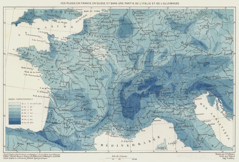 Eső Franciaországban, Svájcban, valamint Olaszország és Németország egy részén (színes litográfia) alkotó: French School