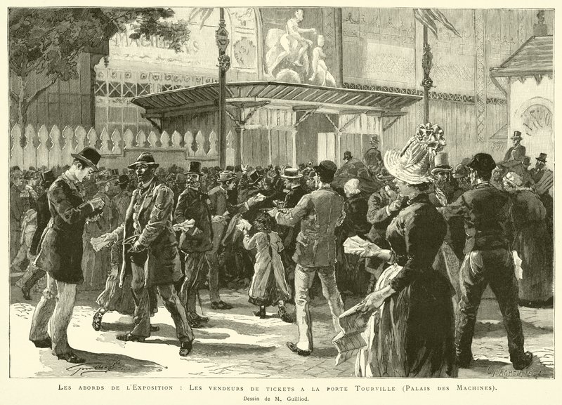 A kiállítás környezete, Jegyárusok a Tourville-kapunál, Palais des Machines, M Guilliod rajza (metszet) alkotó: French School