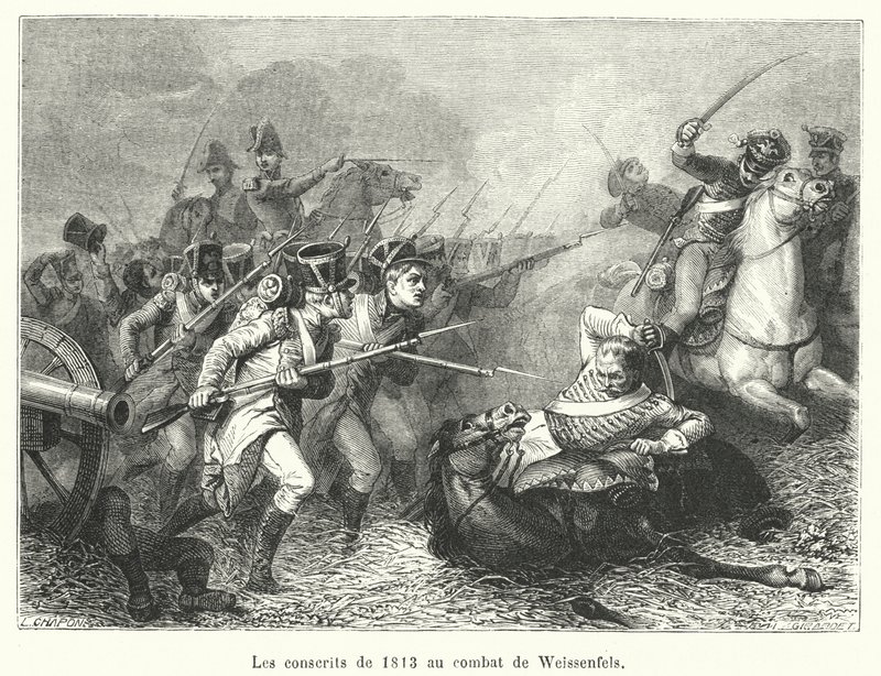 Az 1813-as hadkötelesek a weissenfelsi csatában (metszet) alkotó: French School