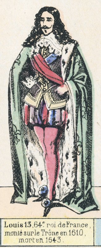 Lajos 13, Franciaország 64. királya, 1610-ben lépett trónra, 1643-ban halt meg (színes metszet) alkotó: French School