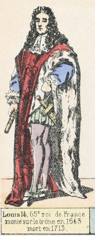 Lajos 14, Franciaország 65. királya, 1643-ban lépett trónra, 1715-ben halt meg (színes metszet) alkotó: French School