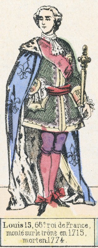 Lajos 15, Franciaország 66. királya, 1715-ben lépett trónra, 1774-ben halt meg (színes metszet) alkotó: French School