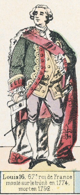 Lajos 16, Franciaország 67. királya, 1774-ben lépett trónra, 1792-ben halt meg (színes metszet) alkotó: French School