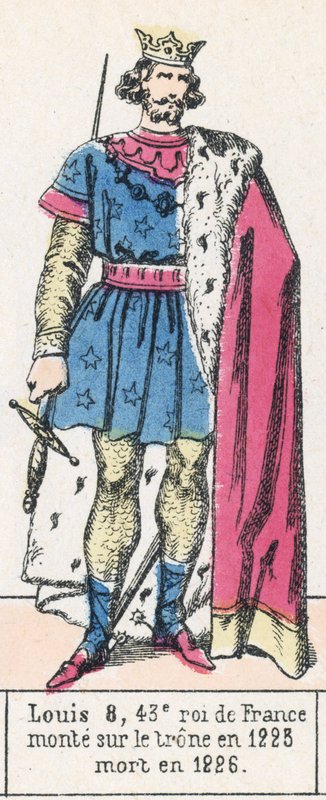 8. Lajos, Franciaország 43. királya, 1223-ban lépett trónra, 1226-ban halt meg (színes metszet) alkotó: French School