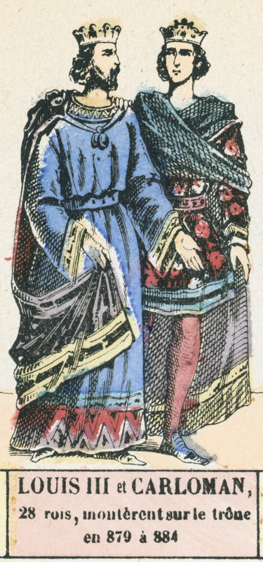 Lajos és Carloman, 28 király, 879-884 között lépett trónra (színes metszet) alkotó: French School