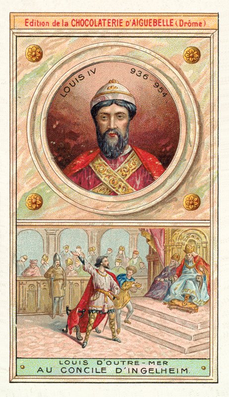 IV. Lajos francia az ingelheimi zsinaton, 948 (chromolitho) alkotó: French School