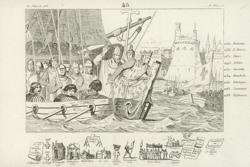IX. Lajos francia, aki az egyiptomi Damietta elleni támadást vezette, 7. keresztes hadjárat, 1249 alkotó: French School