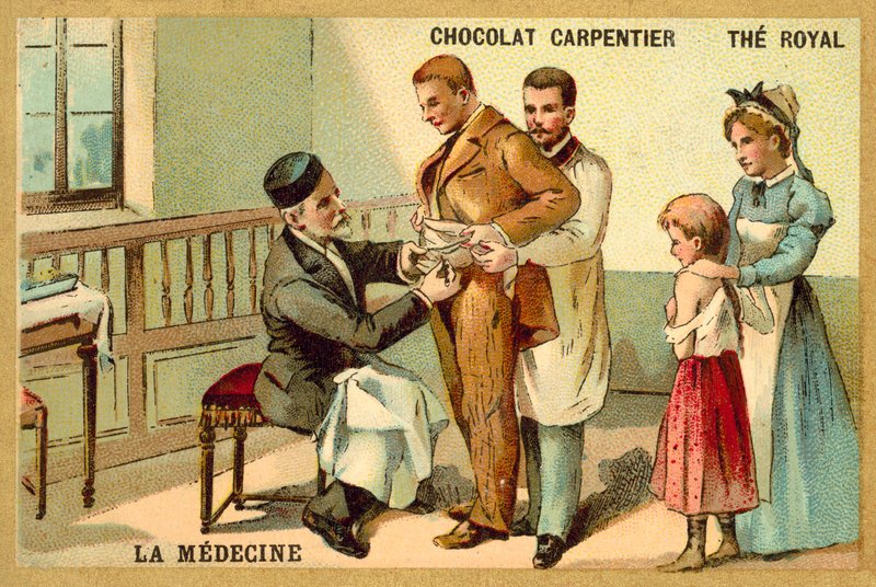 Louis Pasteur veszettség elleni beteget oltott be a Pasteur Intézetben (chromolitho) alkotó: French School