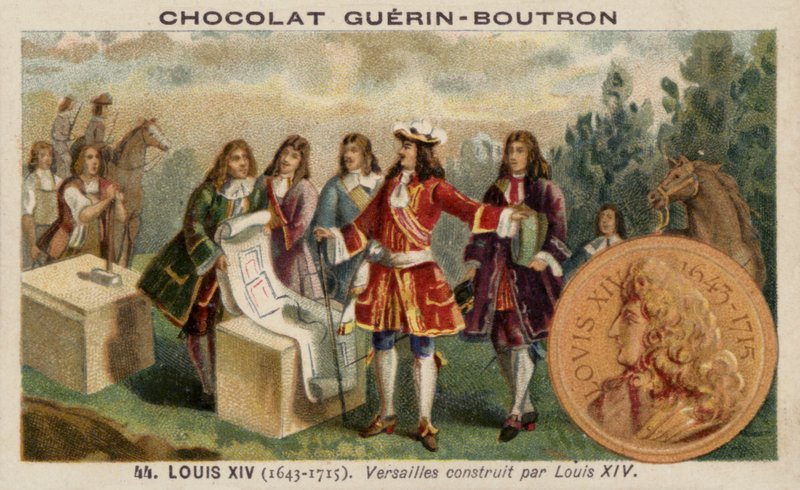 XIV. Lajos francia, aki a Versailles-i palota (chromolitho) építését felügyeli alkotó: French School