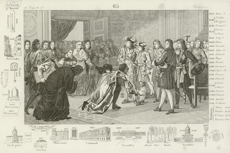 XIV. Lajos unokáját, V. Fülöpöt mutatja be a spanyol követeknek, mint új királyukat, 1700 alkotó: French School
