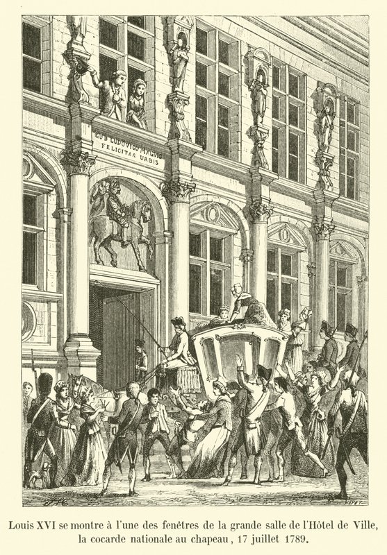 XVI. Lajos a Holdat mutatja magának a Hôtel de Ville nagytermének ablakaiból, a nemzeti kokárdát a kalapon, 1789. július 17. alkotó: French School