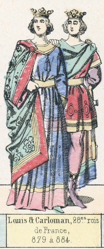 Lajos és Carloman, Franciaország 28. királya, 879-884 (színes metszet) alkotó: French School