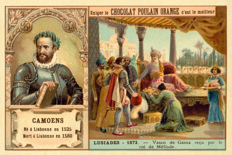 Luis de Camoes portugál költő és a Lusiadák című költeményének egy jelenete, amely Vasco da Gamát ábrázolja, amint Malindi királya fogadja (kromolito). alkotó: French School