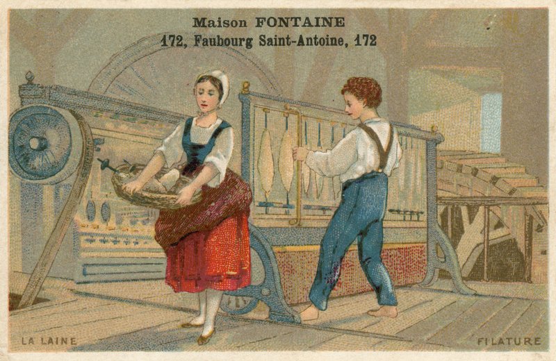 Maison Fontaine kereskedelmi kártya, gyapjúfonás alkotó: French School
