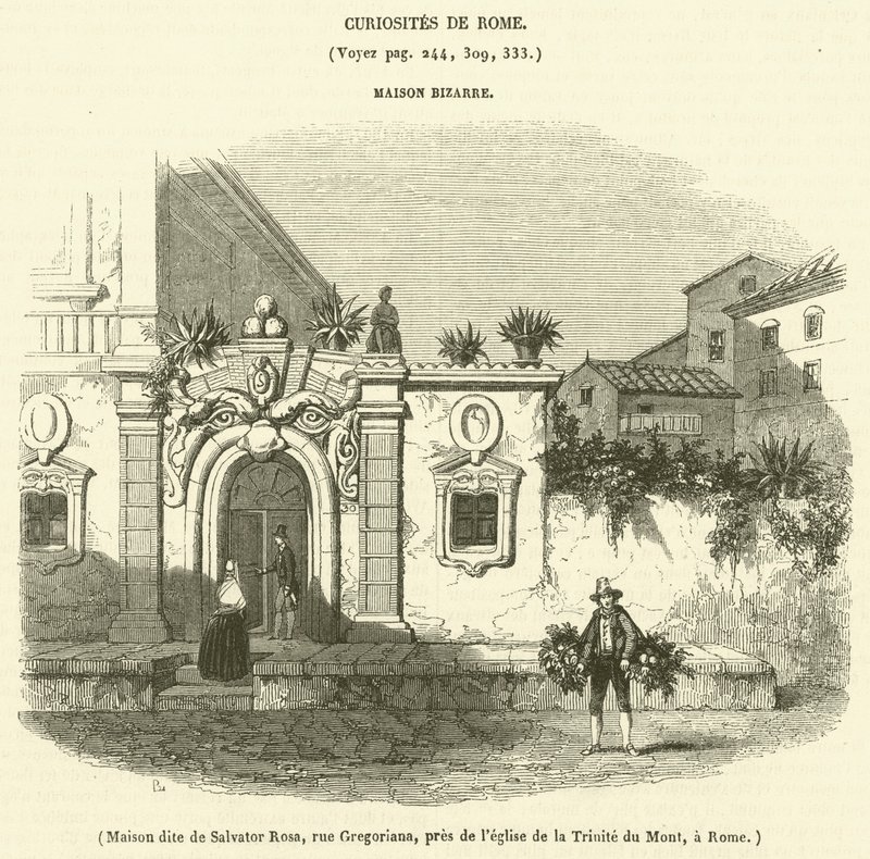Salvator Rosa nevű ház, a Gregoriana utca, a Hegyi Szentháromság-templom közelében, Rómában (metszet) alkotó: French School