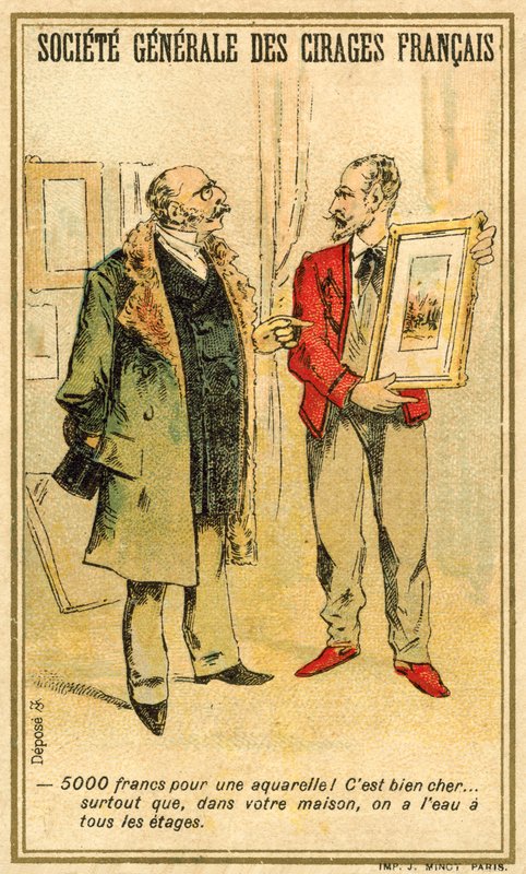 Férfi egy akvarell árán alkudoz egy művésszel (chromolitho) alkotó: French School