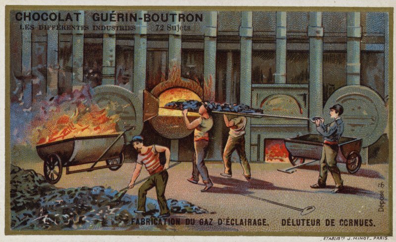 Gyártógáz világításhoz. Koksz eltávolítása a retortákból (chromolitho) alkotó: French School