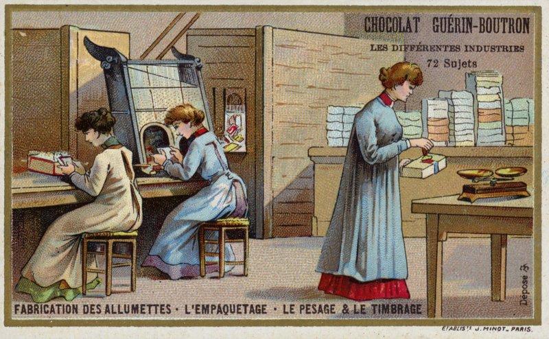 Gyufa gyártás. Csomagolás, súlymérés és bélyegzés (chromolitho) alkotó: French School