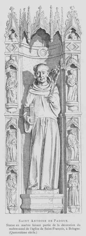Páduai Szent Antal márványszobra, Szent Ferenc-bazilika, Bologna, Olaszország (litho) alkotó: French School