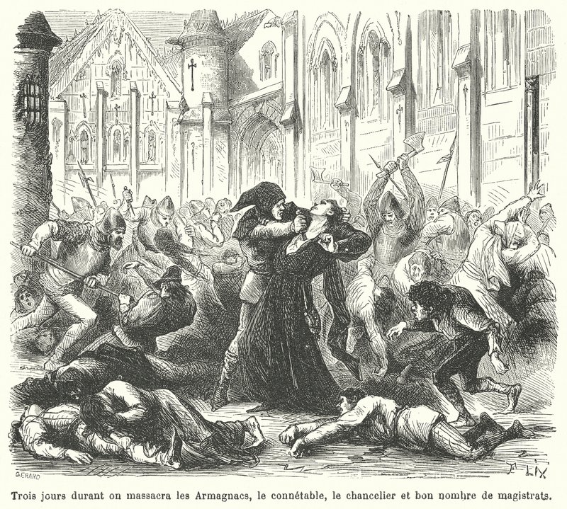 A burgundok által elkövetett armagnácok mészárlása, Párizs alkotó: French School