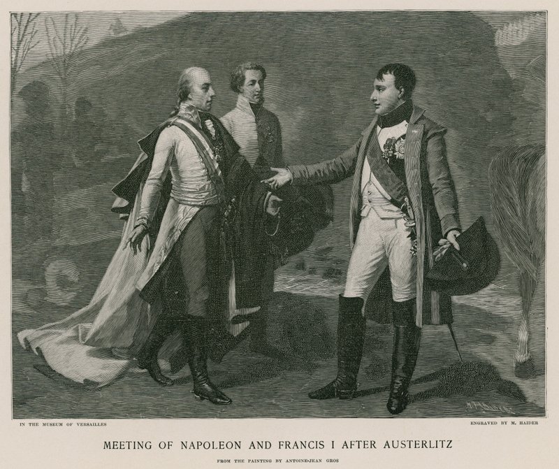 Napóleon és I. Ferenc találkozása Austerlitz után alkotó: French School