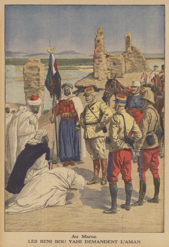 A Beni Bou Yahi törzs tagjai bocsánatot kérnek egy francia konvoj megtámadásáért Marokkóban (színes litho) alkotó: French School