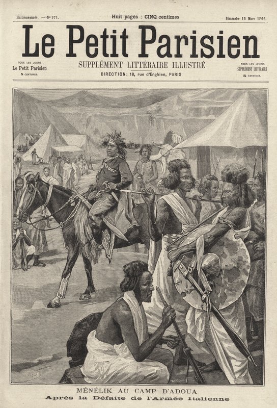 II. Menelik, Etiópia császára Adwa táborában, miután az olasz hadsereg vereséget szenvedett az első olasz-etióp háborúban alkotó: French School