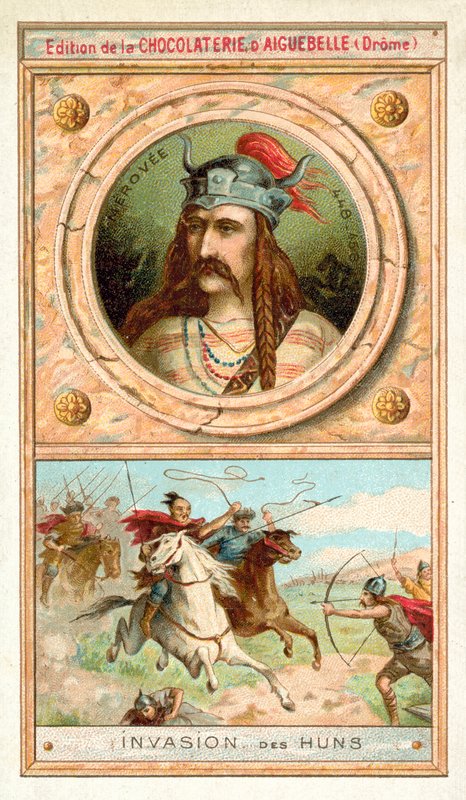 Merovech, a szalian frankok királya és a hunok inváziója, 451 (chromolitho) alkotó: French School