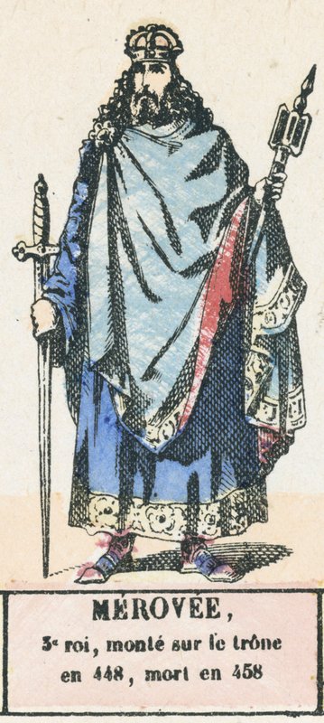 Merovi, ૩ a roi, monte sur le tarone n ૪૪૮, mort n ૪૮ (Színes gravírozás) alkotó: French School