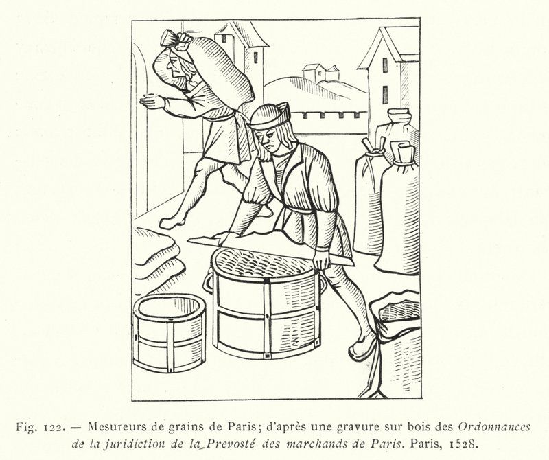 párizsi gabonamérők; egy fametszet a párizsi Ordannances de la Jurisdiction de la Prevoste des Marchands de Paris-ból alkotó: French School
