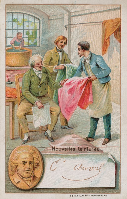 Michel Eugene Chevreul francia kémikus (1786-1889), néhány új festéket vizsgál alkotó: French School