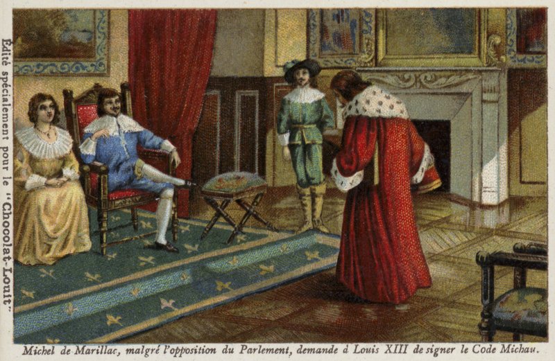 Michel de Marillac a parlament ellenállása ellenére felkéri XIII. Lajost, hogy írja alá a francia jogrendszert megreformáló Code Michau-t, 1629 alkotó: French School