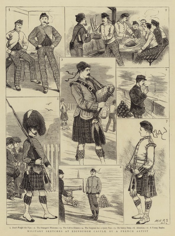 Katonai vázlatok az Edinburgh-i kastélyban (metszet) alkotó: French School