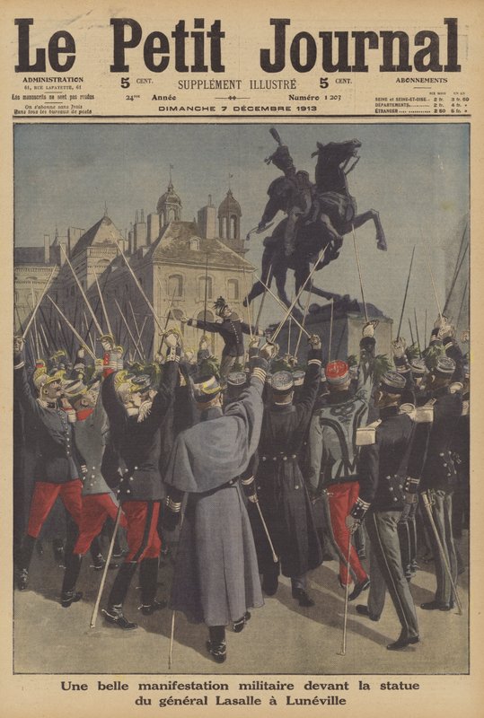 Katonai bemutató Lasalle tábornok szobra előtt Luneville-ben, Franciaországban (színes litó) alkotó: French School