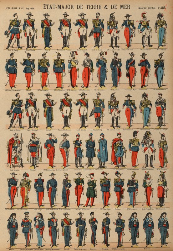 A francia hadsereg és haditengerészet katonai egyenruhája (színes metszet) alkotó: French School