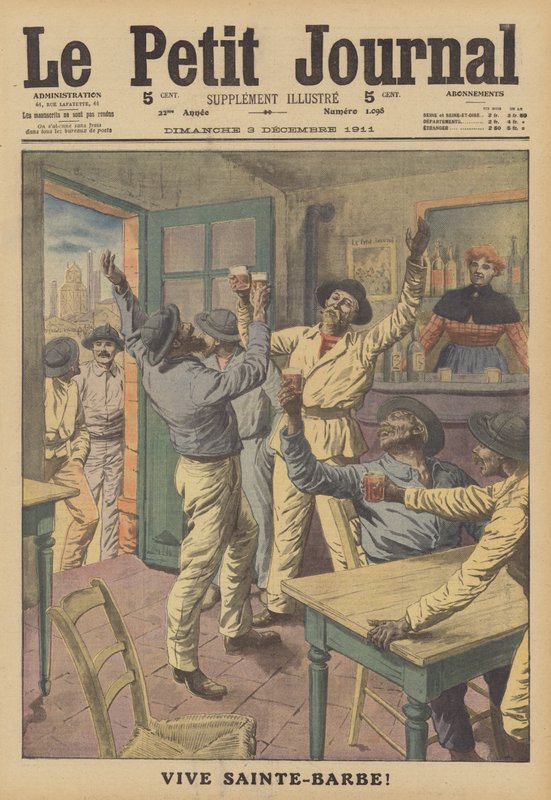 Bányászok, akik pohárköszöntőt isznak Szent Borbálára, védőszentjükre (színes litho) alkotó: French School