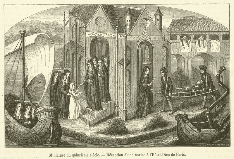 XV. századi miniatűr, Újonc fogadása a párizsi Hotel-Dieu-ban (metszet) alkotó: French School