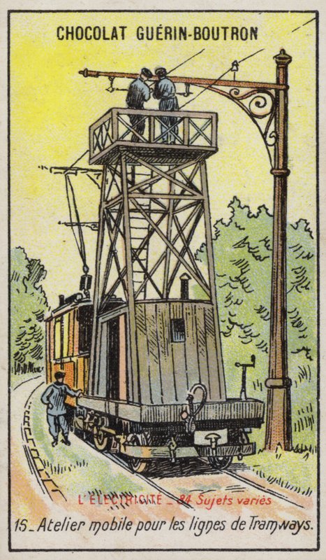Mobil platform villamos felsővezetékek javításához (chromolitho) alkotó: French School