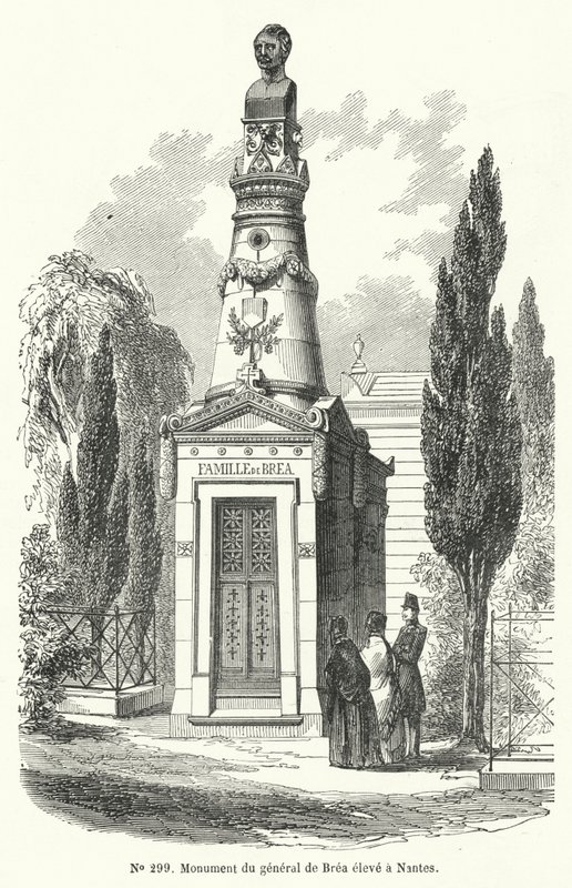 Jean Baptiste Fidele Brea francia tábornok emlékműve Nantes-ban, akit az 1848-as párizsi júniusi felkelés során a forradalmárok kivégeztek (metszet). alkotó: French School