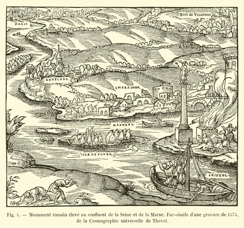 A Szajna és a Marne találkozásánál emelt római emlékmű, egy 1575-ös metszet fakszimile, Thevet Cosmographie universelle-ből alkotó: French School