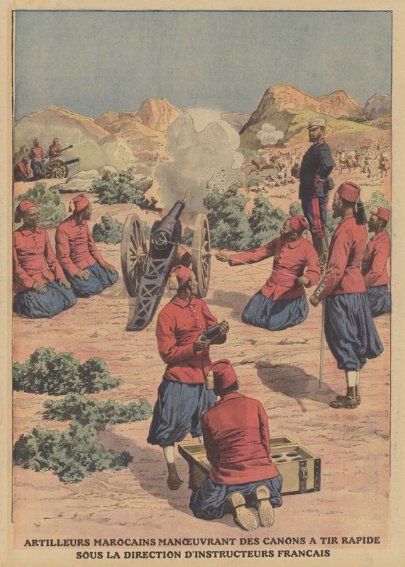 Marokkói tüzérek gyorstüzelő ágyúkkal francia katonai oktatók irányítása alatt (színes litho) alkotó: French School