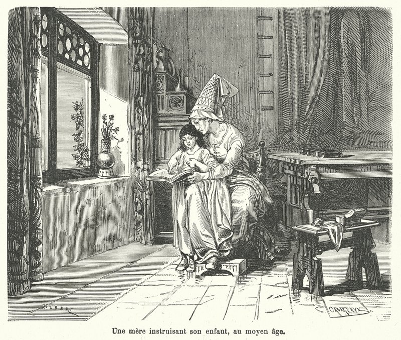 Anya tanítja gyermekét a középkorban (metszet) alkotó: French School