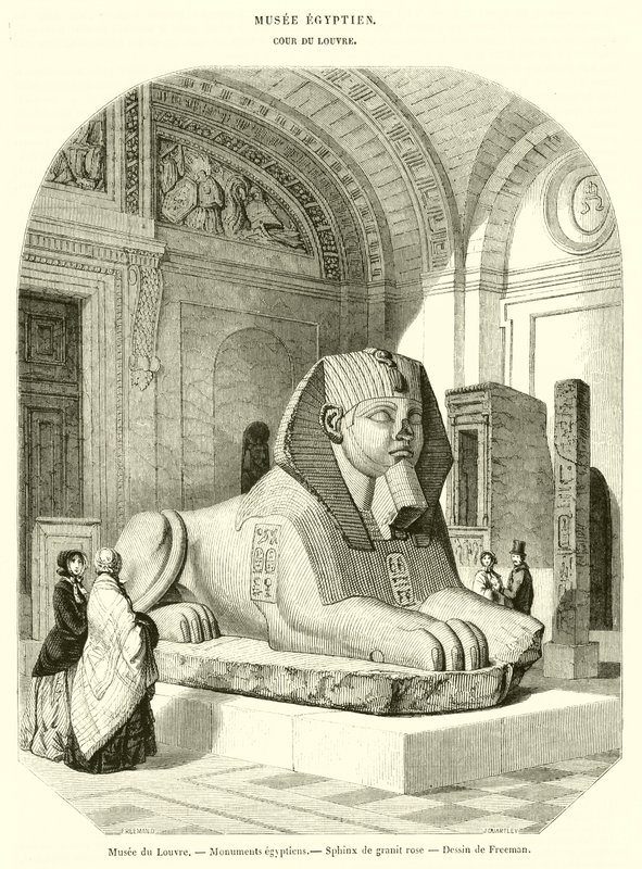 Louvre Múzeum, egyiptomi műemlékek, rózsaszín gránit szfinx (metszet) alkotó: French School