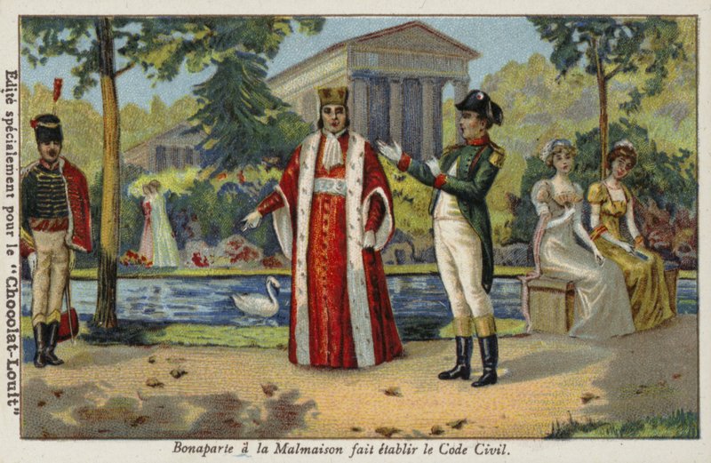 Bonaparte Napóleon létrehozta a Napóleoni kódexet a Chateau de Malmaisonban, Franciaországban, 1804 alkotó: French School