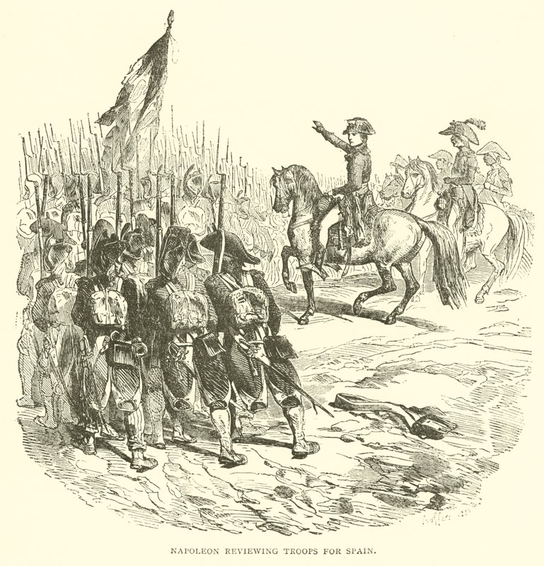 Napóleon csapatokat tekint át Spanyolországnak (metszet) alkotó: French School